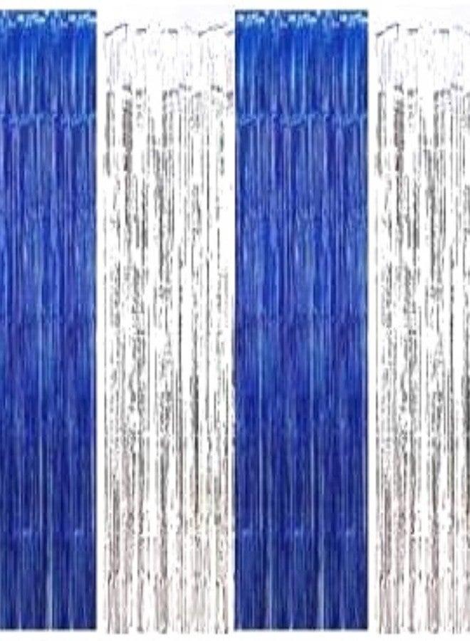 بروبسيكل ستائر شراشيب من رقائق معدنية زرقاء وفضية من بروبسكل، شرائط خلفية مقاس 3 × 8 قدم لأعياد الميلاد، والذكرى السنوية، وحفلات توديع العزوبية، ورأس السنة الجديدة، وكابينة التصوير، وتزيين المداخل (عبوة من 4 قطع) - Image 1